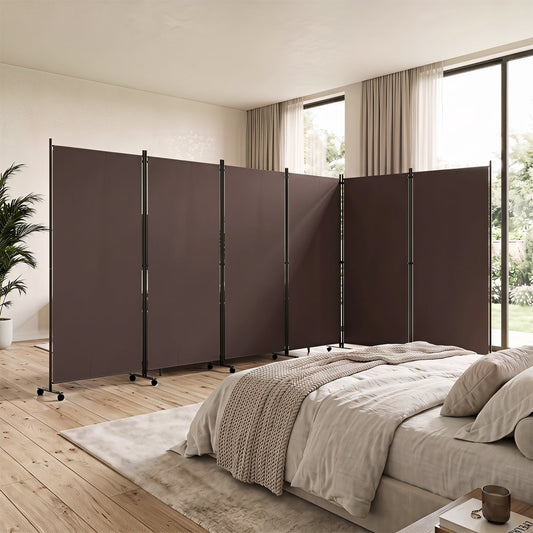 6-Panel Folding Room Divider brown fabric panels DirectDeals on wheeled metal frame on Tampa Home & Garden Store