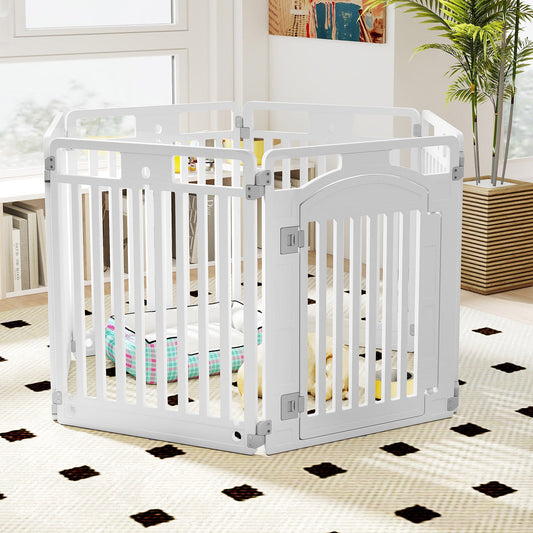 6-Panel Tall Dog Playpen Foldable Pet Fence with Locking Door-White - Tampa Home & Garden Store