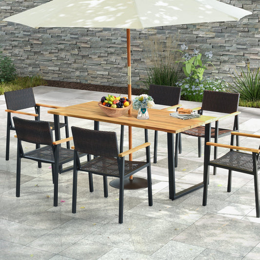 6-Person Acacia Wood Outdoor Dining Table with 2 Inch Umbrella Hole - Tampa Home & Garden Store