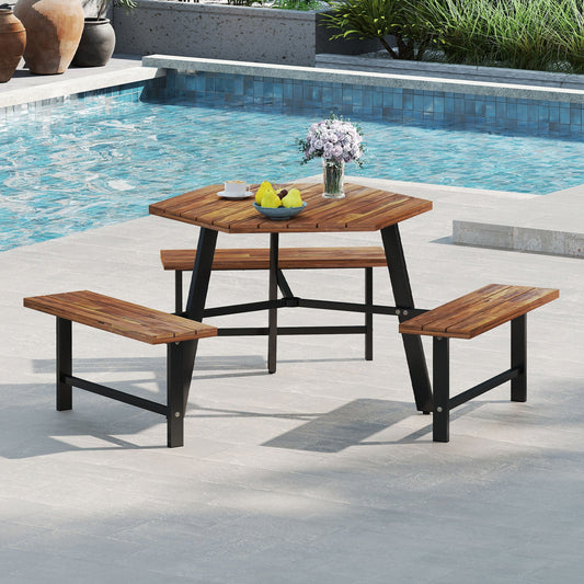 6 Person Acacia Wood Picnic Table Bench Set with 3 Seats - Tampa Home & Garden Store