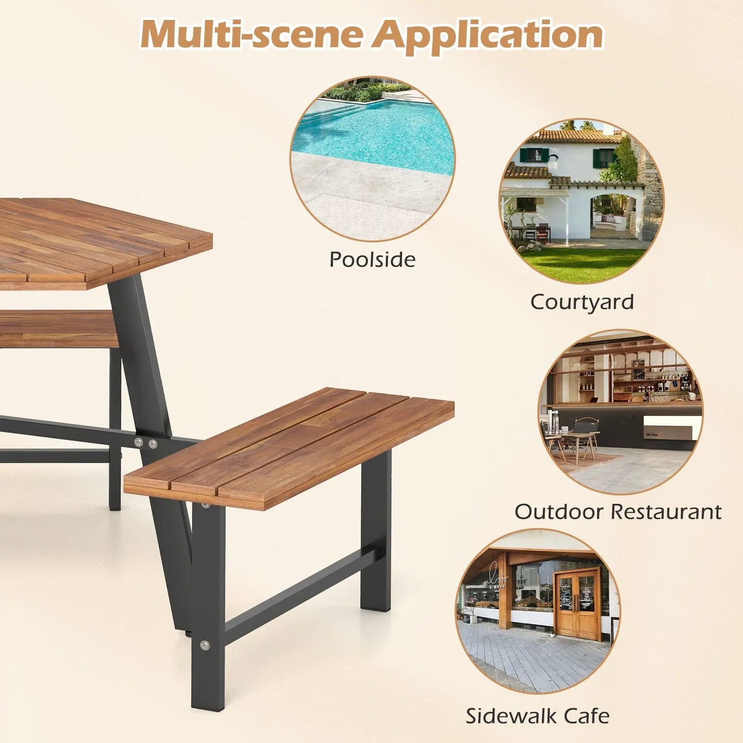 Acacia wood picnic table set with benches for six; brown tabletops, dark gray frame on Tampa Home & Garden Store