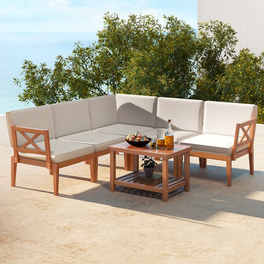 6 Pieces Acacia Wood Patio Furniture Set with Cushions and 2-Tier Coffee Table-White - Tampa Home & Garden Store