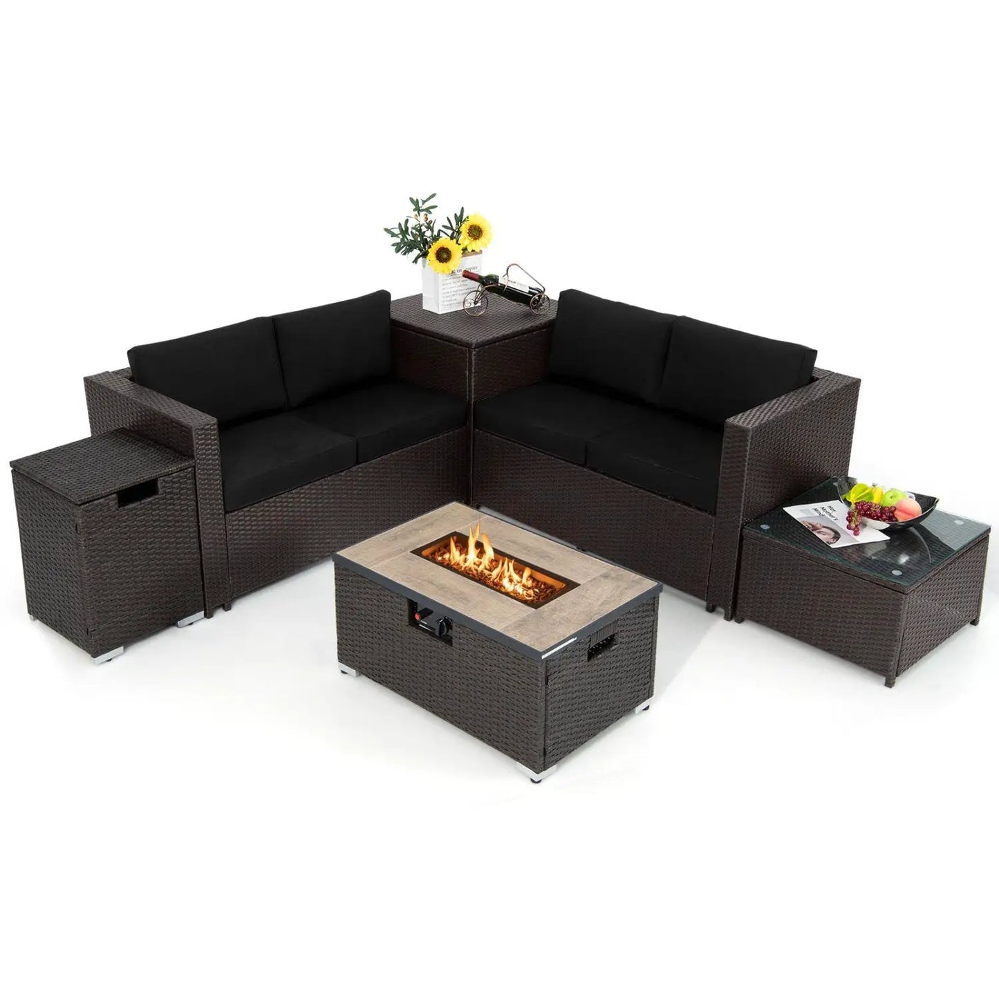 Six Piece Wicker Set with 32in Fire Pit Table DirectDeals dark brown wicker black cushions on Tampa Home & Garden Store