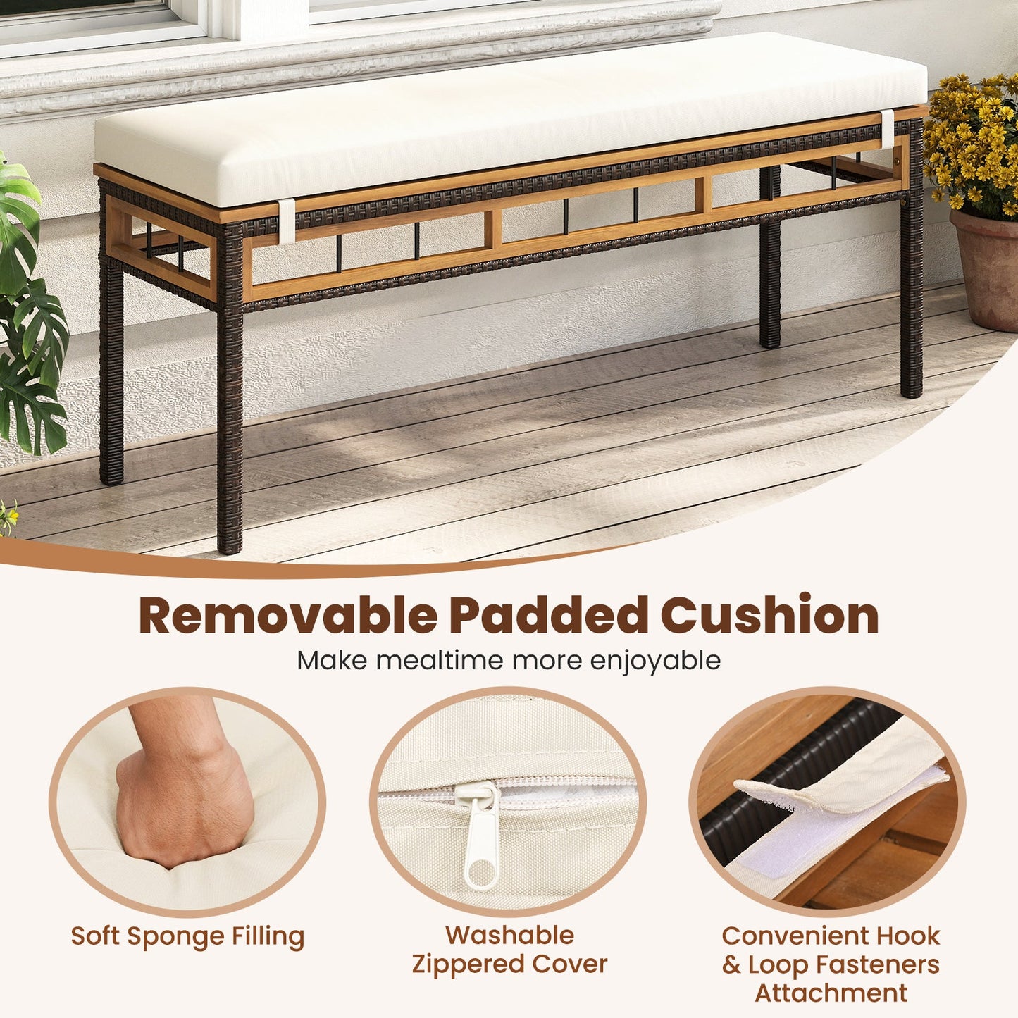 Wicker patio bench for two with acacia wood seat and cream cushion DirectDeals on Tampa Home & Garden Store