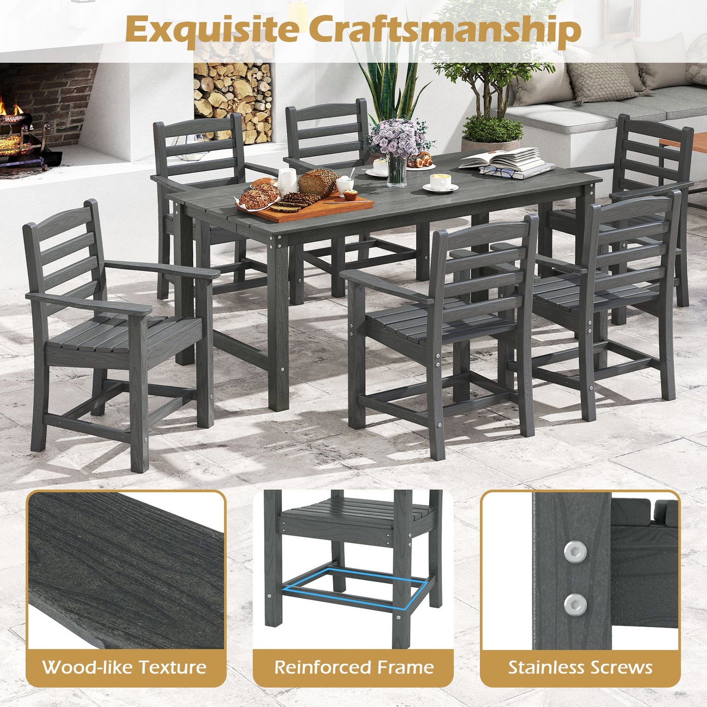6 Pieces Patio Dining Bench Set Outdoor HDPE Weather Resistant Table and Chairs Set