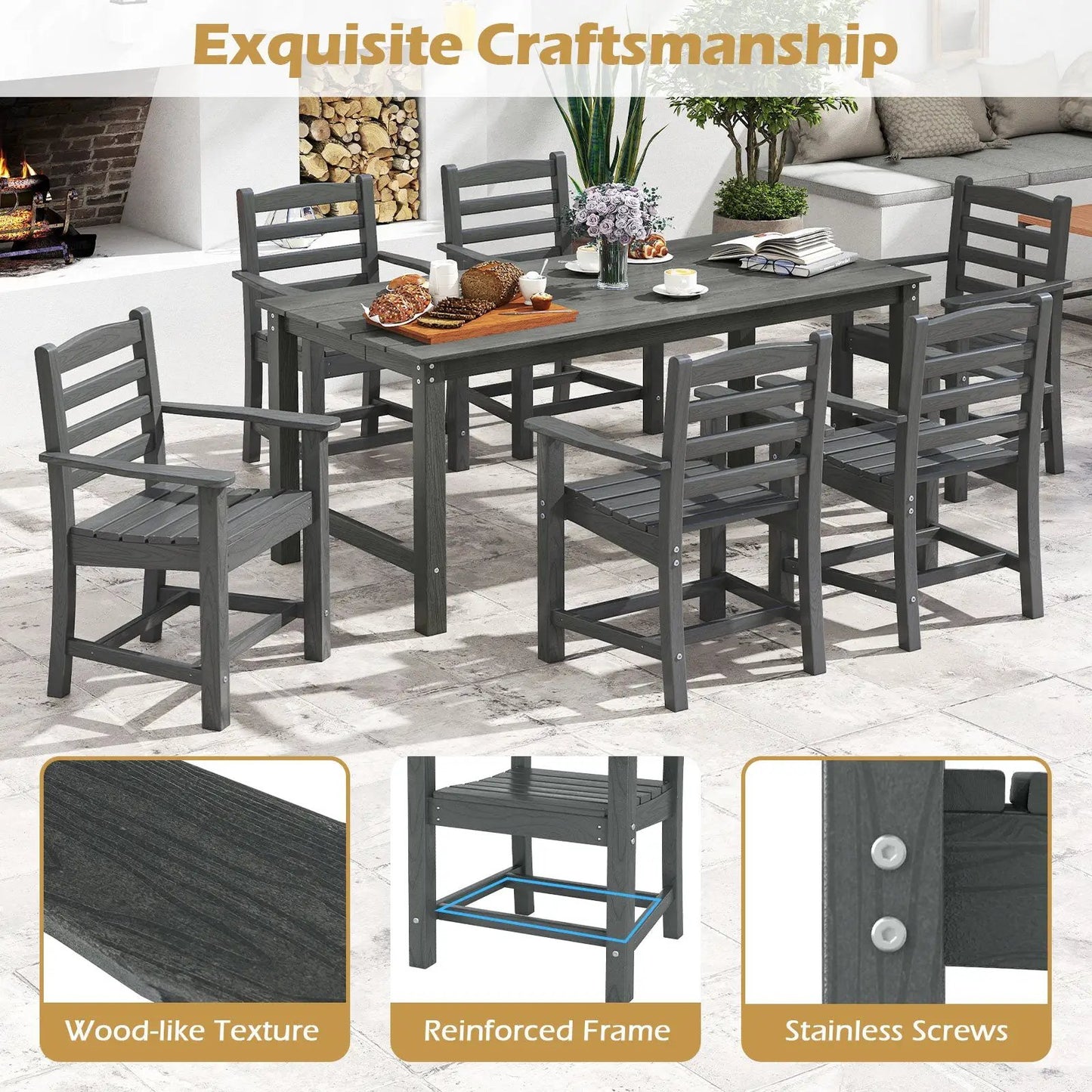 Patio Dining Bench Set with HDPE table and chairs, gray all-weather outdoor furniture on Tampa Home & Garden Store