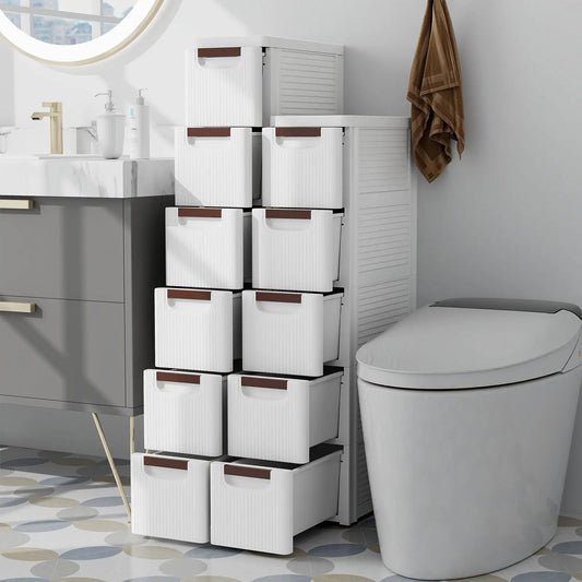 6-drawer rolling organizer units in white plastic with brown accents stacked in narrow bathroom space on Tampa Home & Garden Store