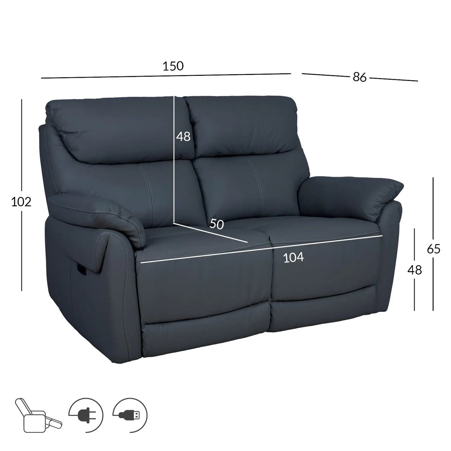 Blue upholstered reclining sofa with measurement lines showing 150 length on Tampa Home & Garden Store