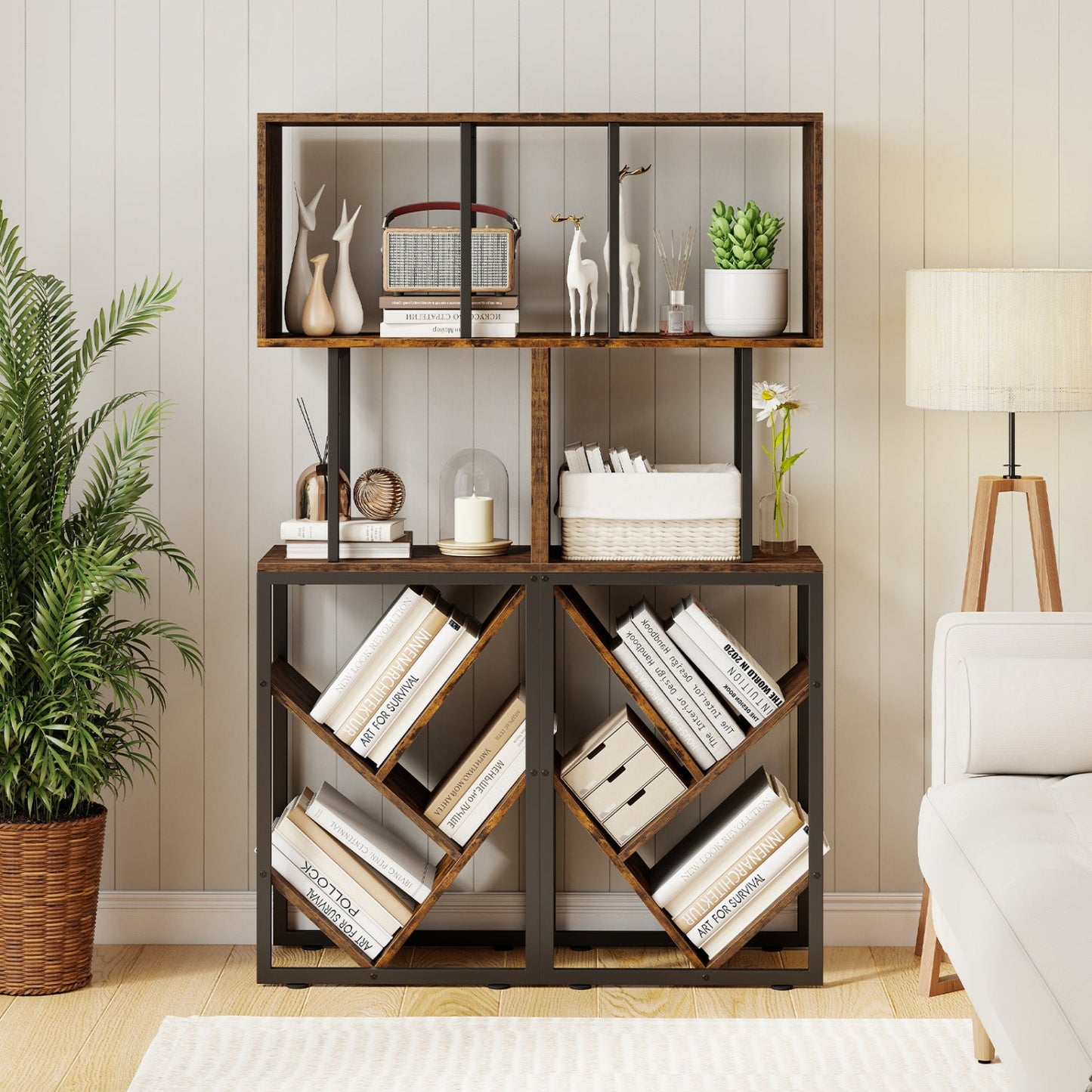 6-Tier S-Shaped bookshelf with open shelves in brown wood and black frame on Tampa Home & Garden Store