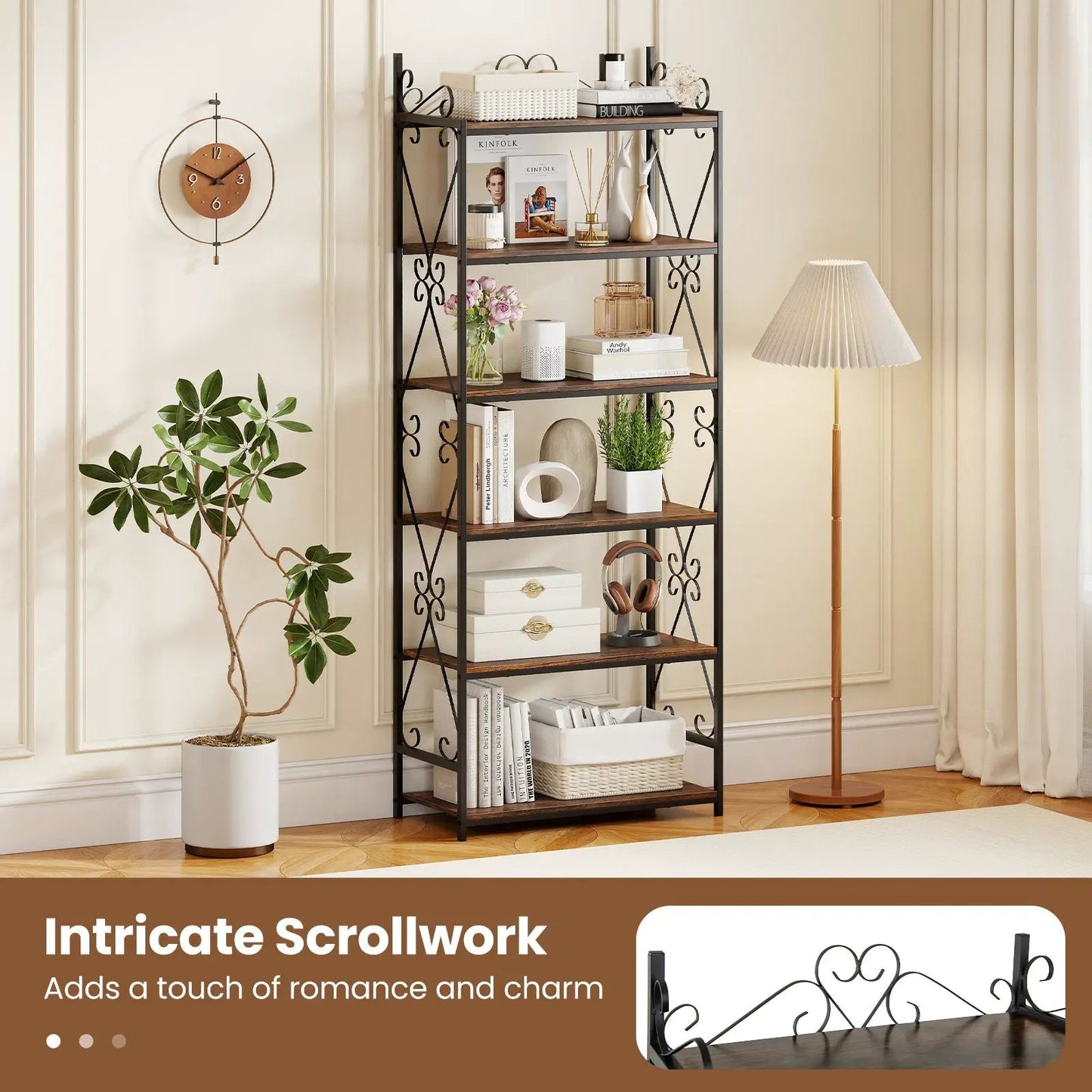 Six-Tier Bookshelf with Anti Tipping Kits, black metal frame and dark wood shelves on Tampa Home & Garden Store
