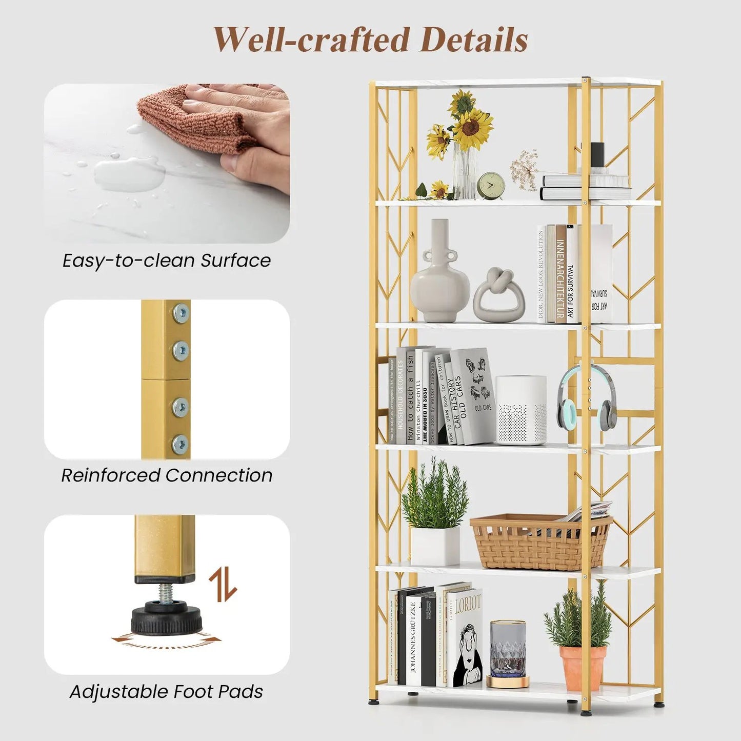 Six-tier modern geometric bookshelf with a gold metal frame and white shelves on Tampa Home & Garden Store
