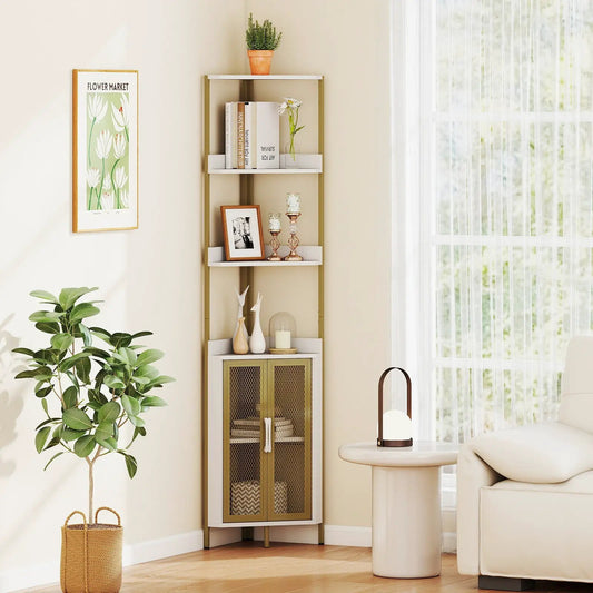Industrial 6-Tier Corner Shelf Cabinet by DirectDeals, gold frame white shelves on Tampa Home & Garden Store