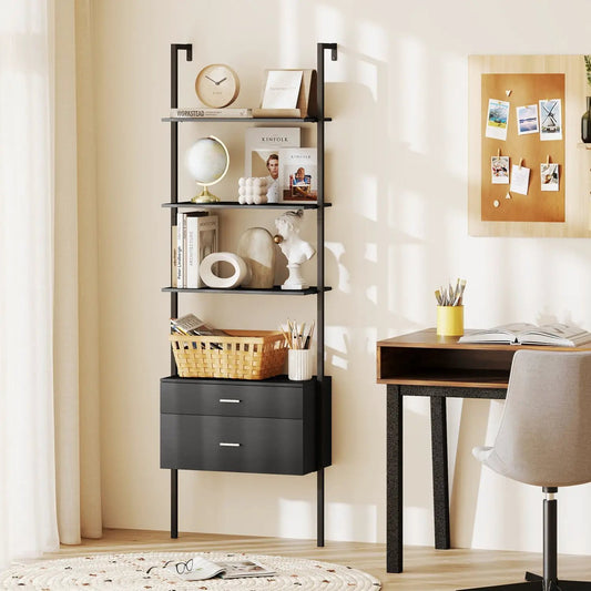 Six-tier black metal ladder bookcase with two drawers and decor items on Tampa Home & Garden Store