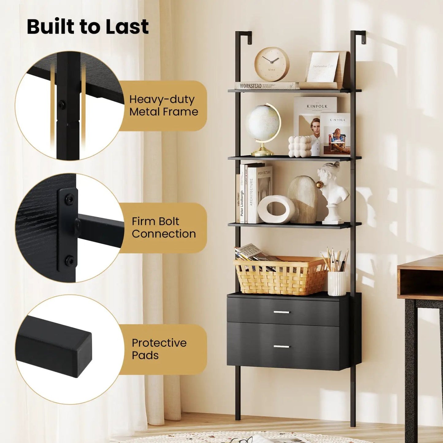 Six-Tier Ladder Bookcase with Drawers in Black, metal frame with 6 shelves and 2 bottom drawers on Tampa Home & Garden Store