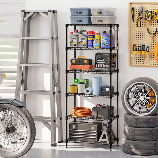 Six-tier black metal storage shelving unit wire rack for garage organization on Tampa Home & Garden Store