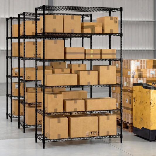 6-tier metal shelving unit with V-shaped wire racks filled with cardboard boxes in a warehouse on Tampa Home & Garden Store