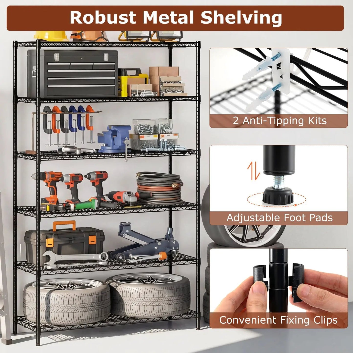 Six-tier black metal storage shelving unit set of 2 with adjustable feet and wire shelves on Tampa Home & Garden Store