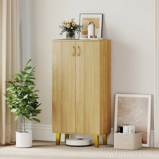 Six Tier Freestanding Oak Wood Shoe Cabinet with doors and gold-toned handles on Tampa Home & Garden Store