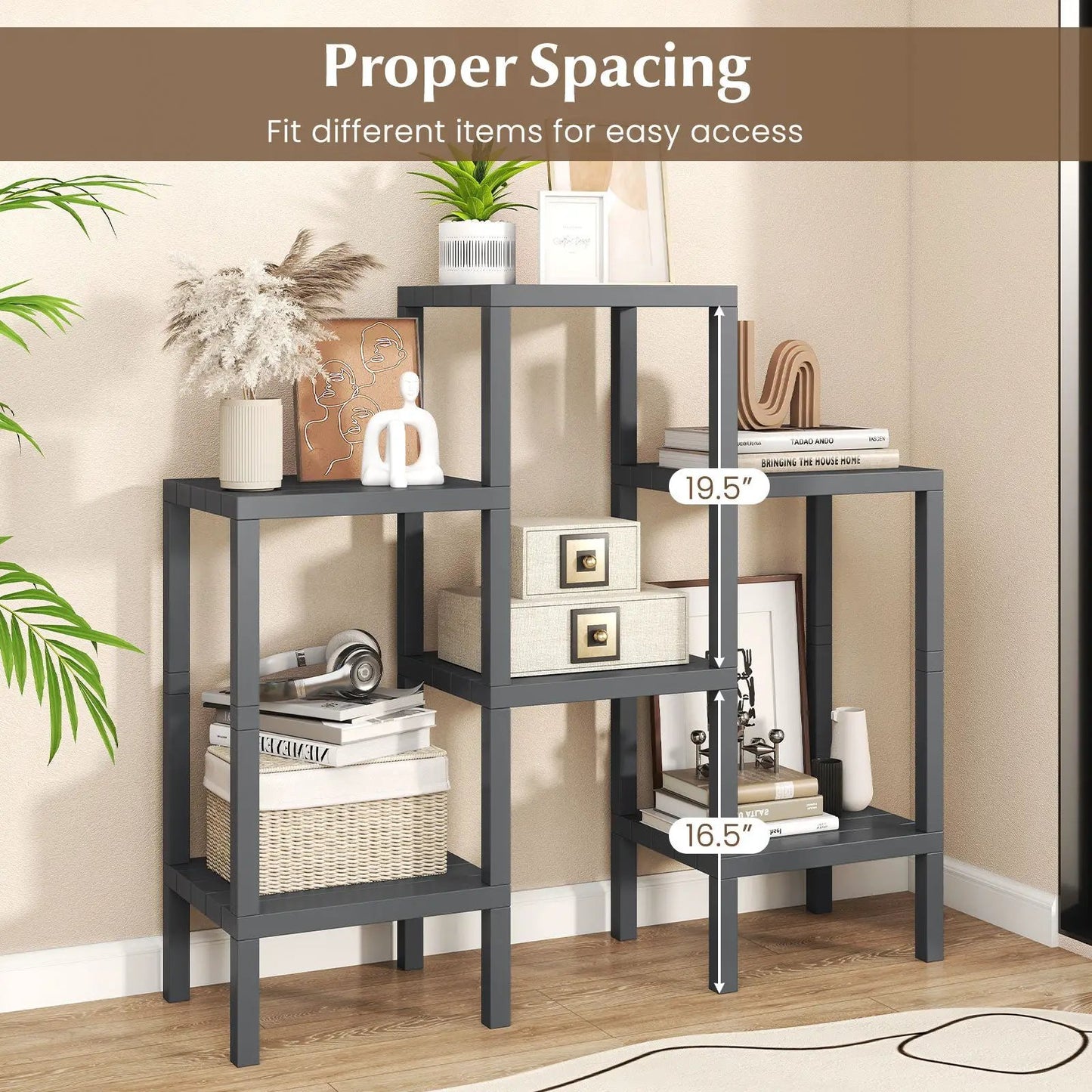 6-tier modular storage shelves in dark gray frame with plants, books and decor on Tampa Home & Garden Store