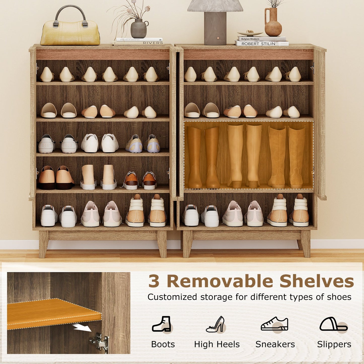 DirectDeals 6-tier shoe organizer with 2 oak fluted doors, wood finish, stores boots and shoes on Tampa Home & Garden Store