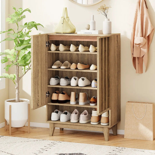 6-Tier Shoe Organizer with 2 Oak Fluted Doors in natural wood finish with shoes on shelves on Tampa Home & Garden Store