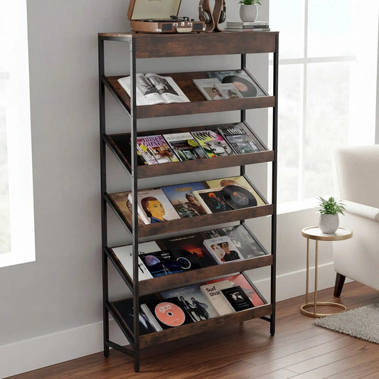 6-Tier Tall Freestanding Bookshelf with Angled Shelves for Home Office-Rustic Brown - Tampa Home & Garden Store
