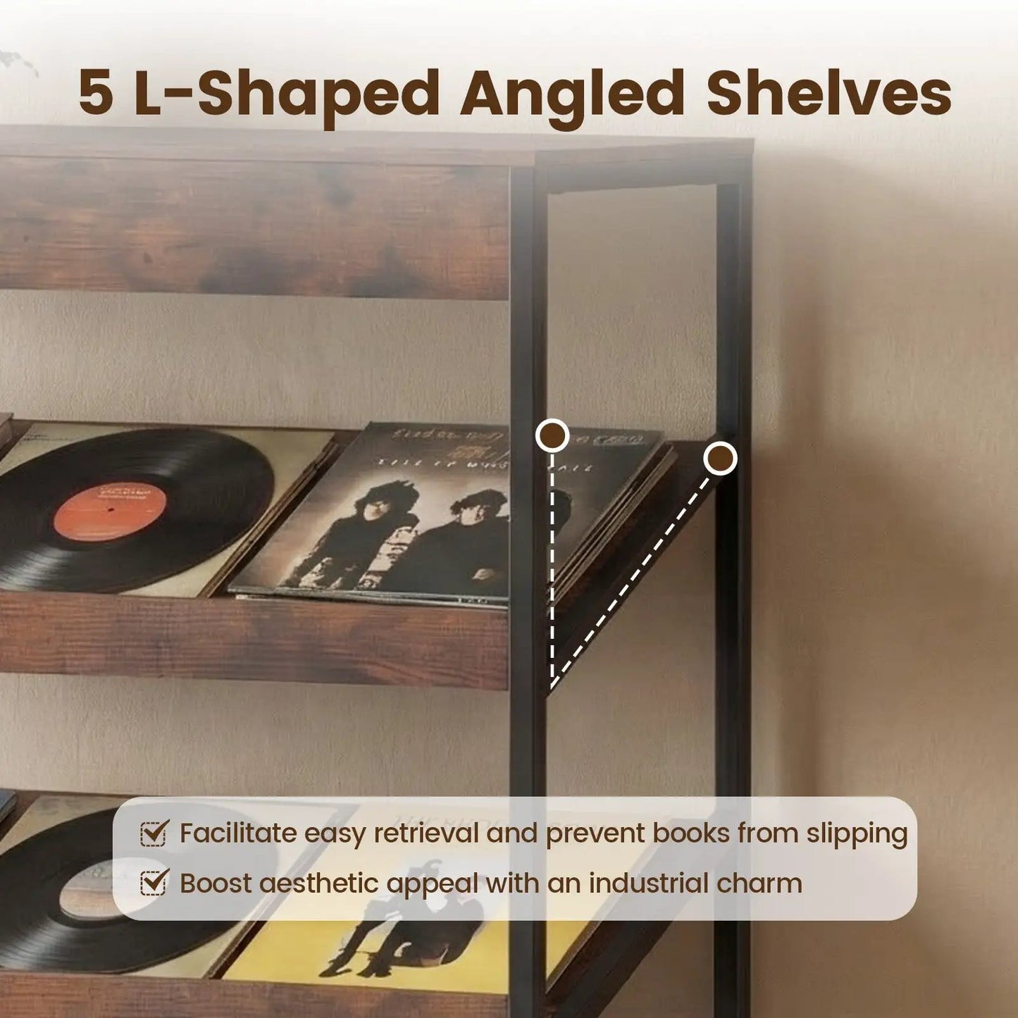 6-Tier freestanding bookshelf with angled shelves, black metal frame and rustic brown shelves on Tampa Home & Garden Store