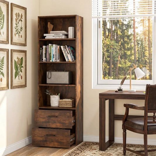 6-Tier Tall Bookshelf with Drawers in rustic brown wood on Tampa Home & Garden Store