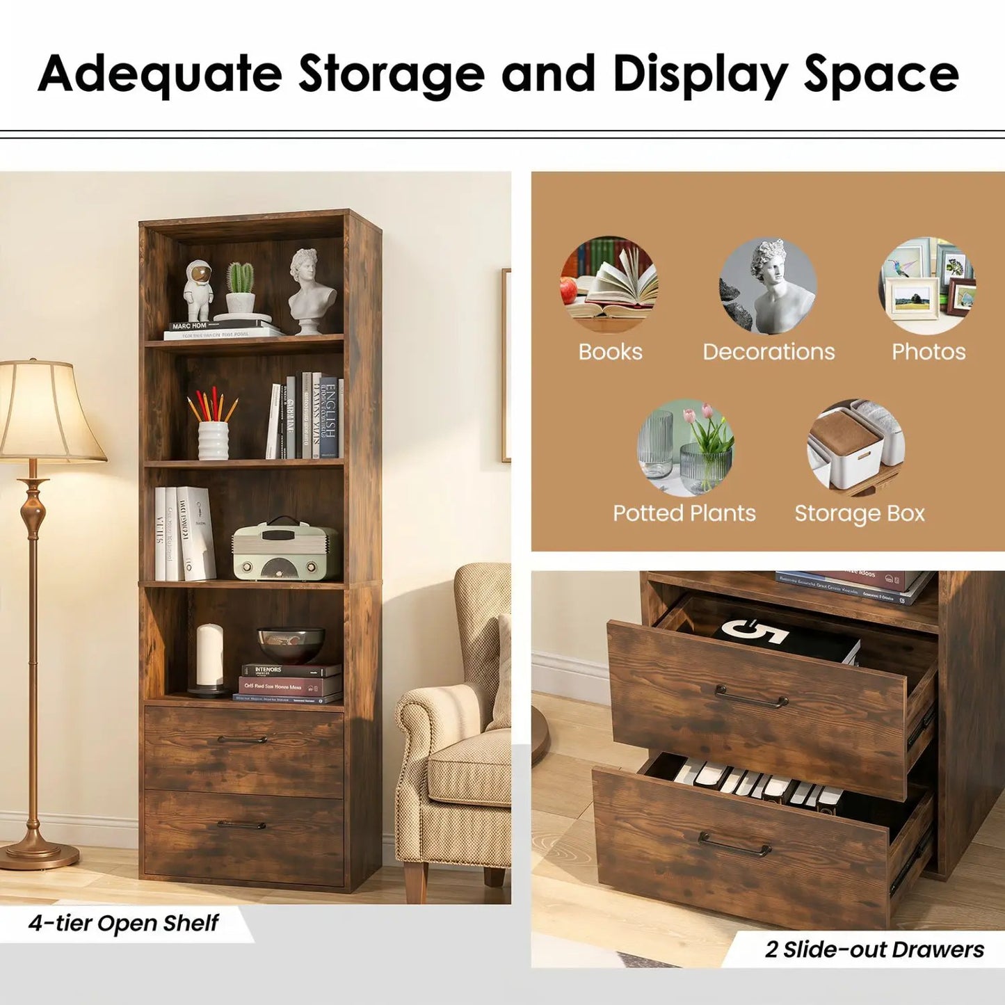 Tall Bookshelf With Drawers In Rustic Brown