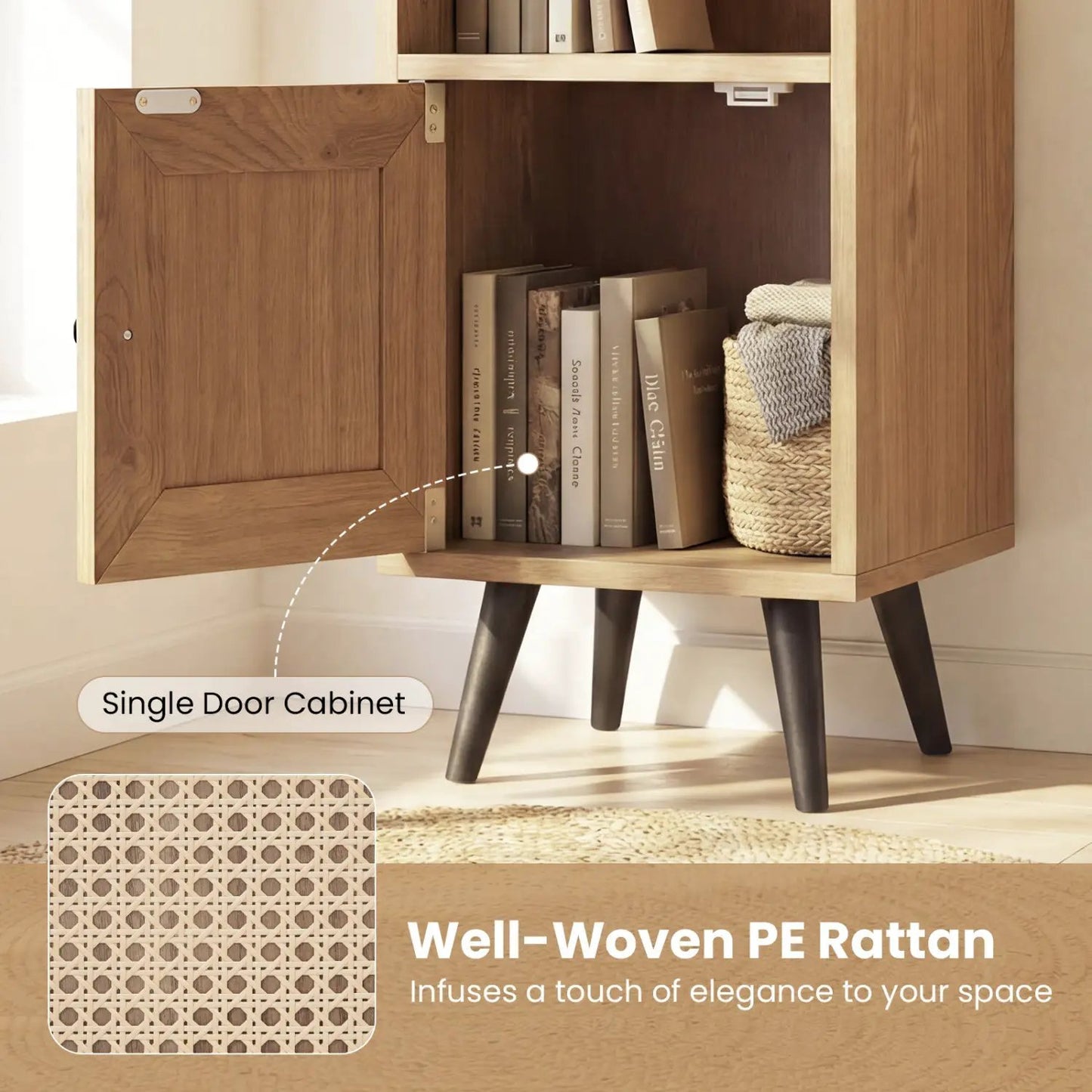 6-Tier Tall Narrow Bookcase in natural wood with a single cabinet door and black tapered legs on Tampa Home & Garden Store