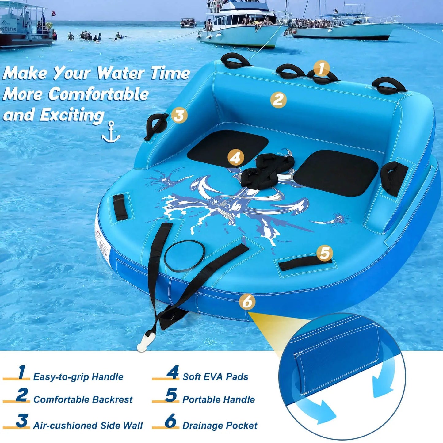 Blue two-person inflatable water towable tube for boating by DirectDeals on Tampa Home & Garden Store