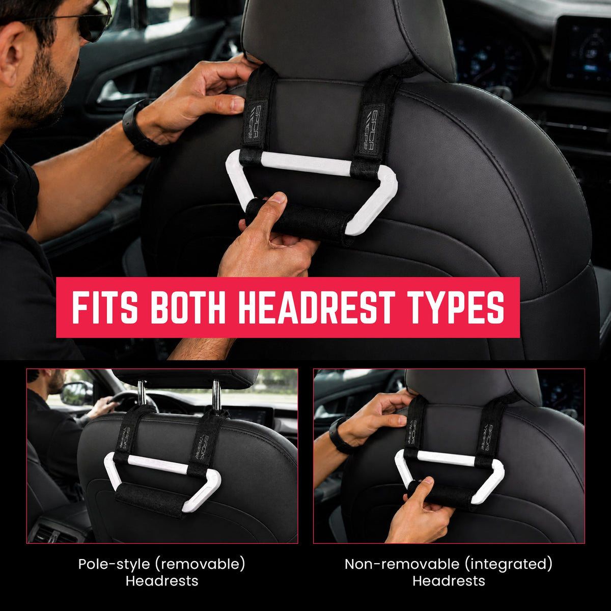 GPCA Back Grip PRO headrest handles for Tesla S/3/Y with black straps and white grip bars on Tampa Home & Garden Store