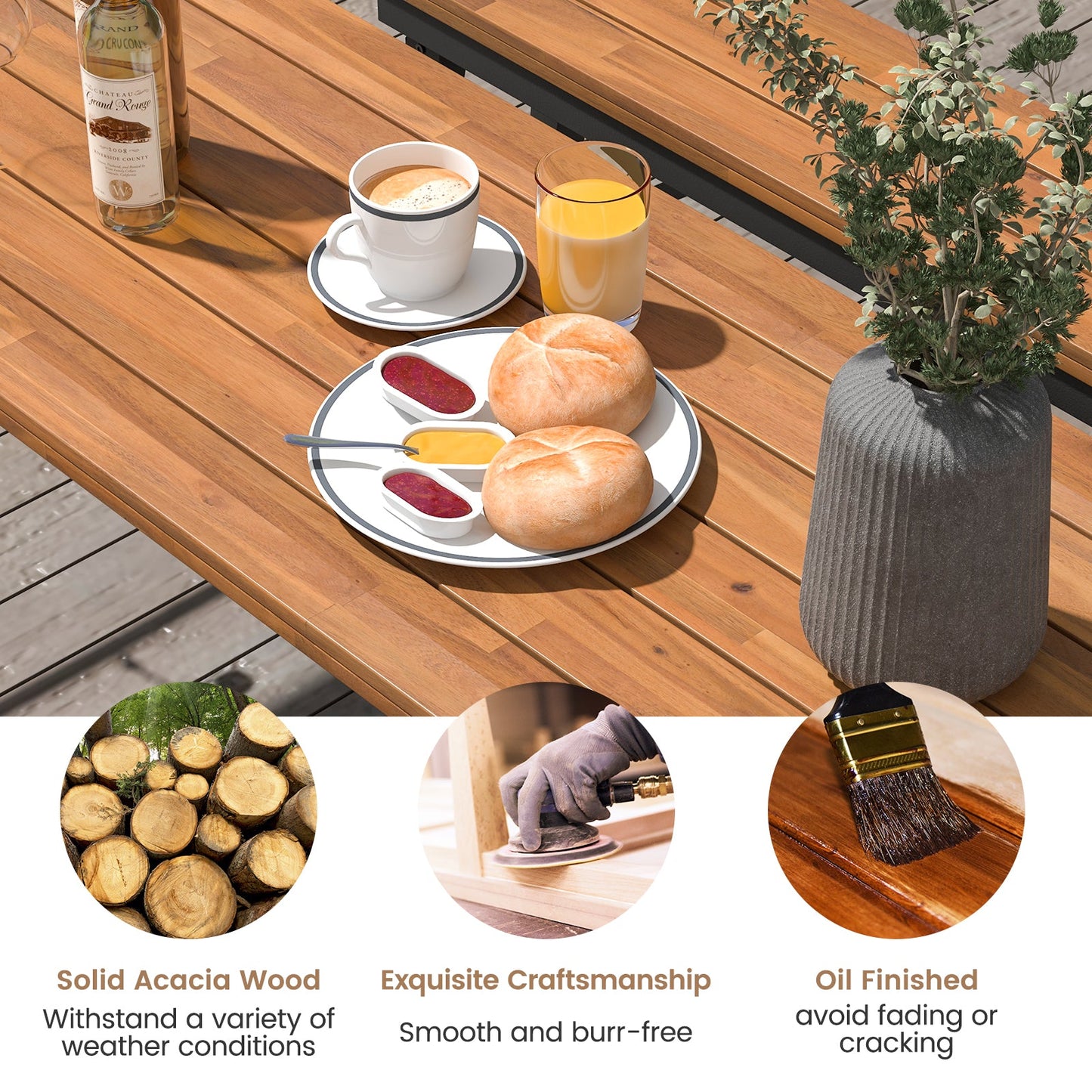 Mesa de comedor y banco para exterior con parte superior de madera de acacia para patio, jardín, piscina