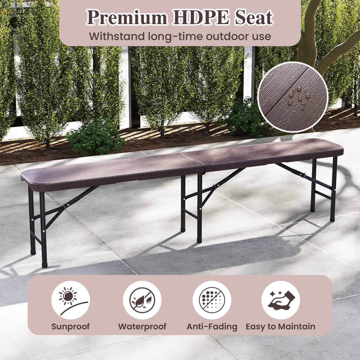 6 Feet Folding HDPE Bench with 1320 LBS Capacity and Handle Lock-Brown - Tampa Home & Garden Store
