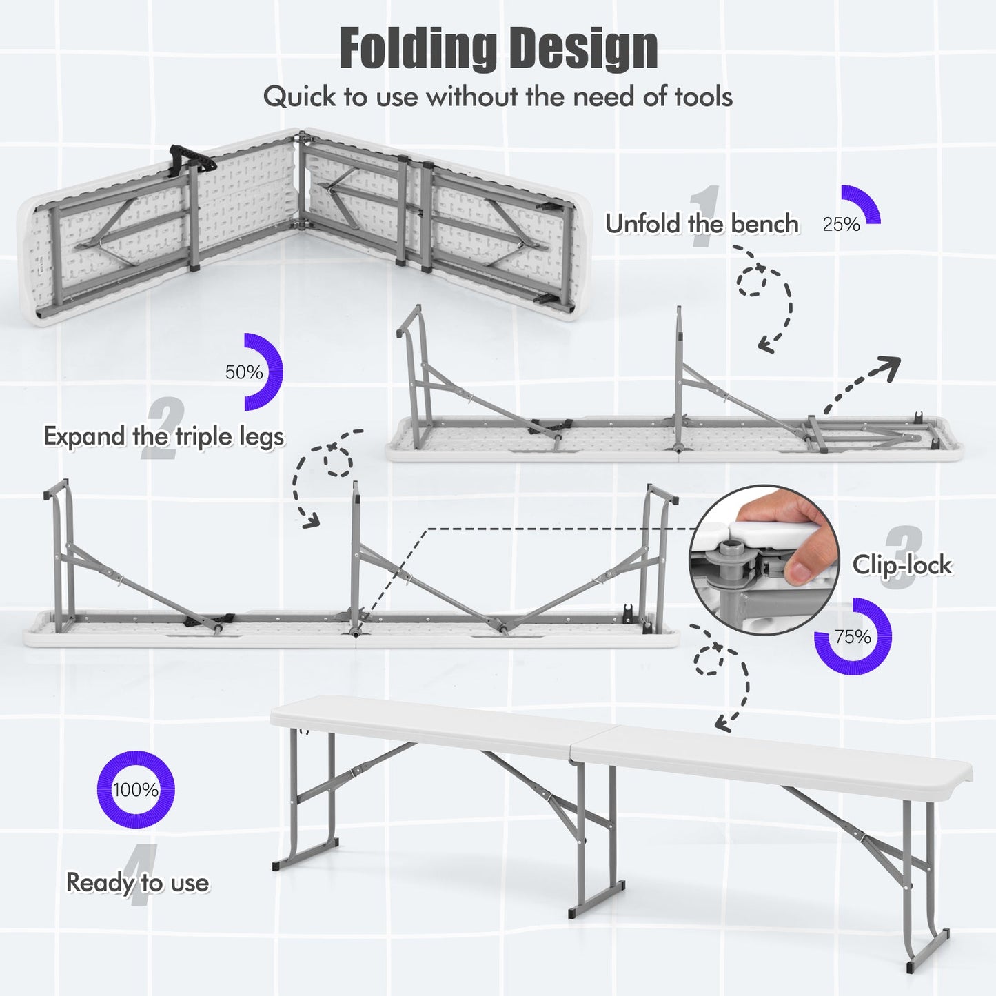 Banco plegable de plástico de 6 pies, para picnic, camping, comedor, con asa de transporte - Blanco