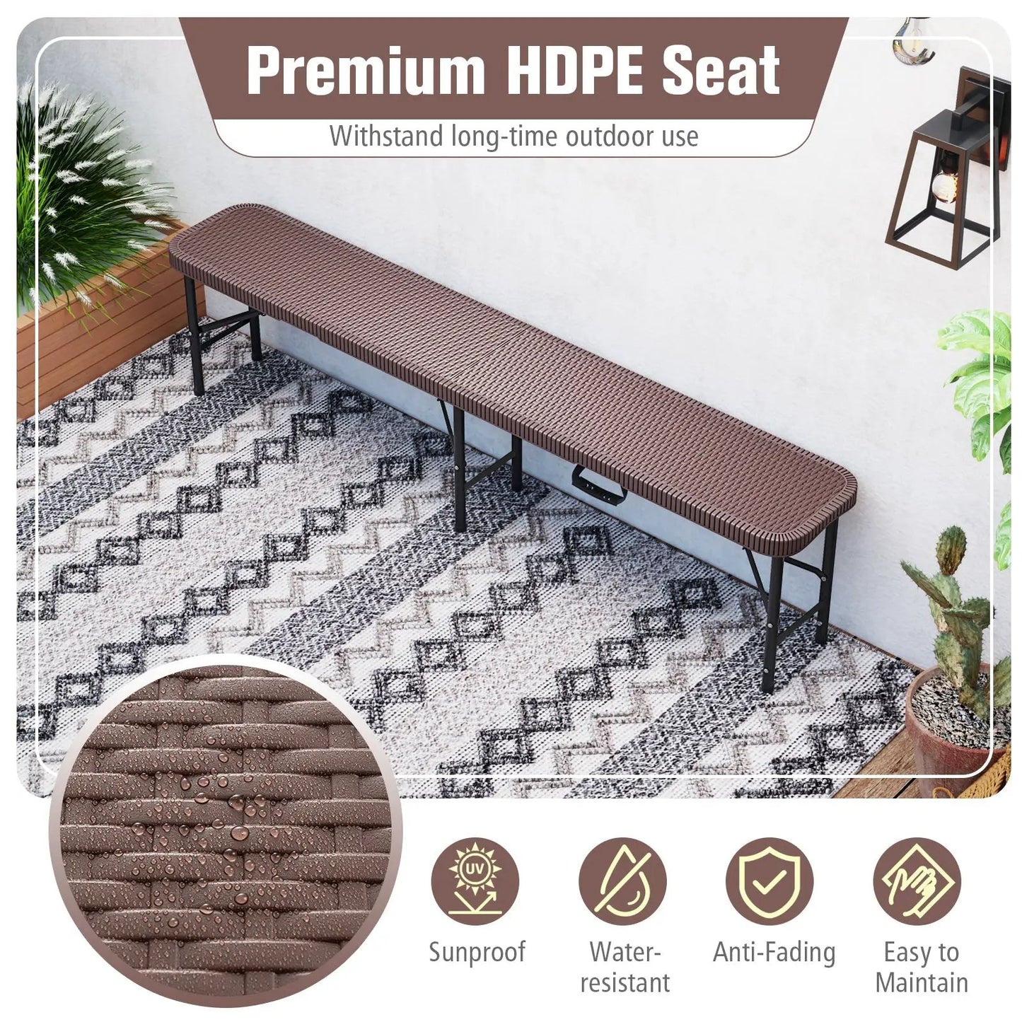 6 ft Plastic Folding Bench with 1320 LBS Capacity and Handle-Brown - Tampa Home & Garden Store