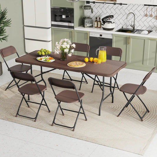 6 ft foldable table with brown rattan HDPE top in dining area, brown folding chairs around on Tampa Home & Garden Store