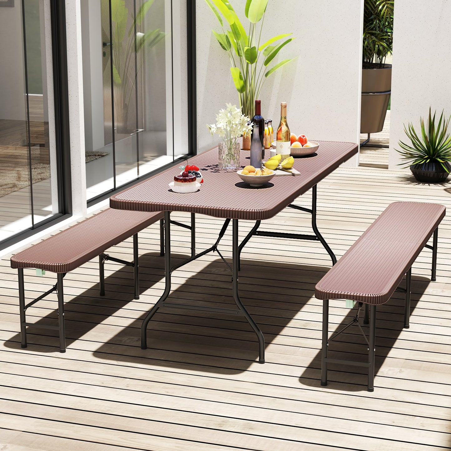 Mesa Plegable Portátil de 1,8 m con Tablero de HDPE Efecto Ratán y Mecanismo de Bloqueo de Seguridad - Marrón