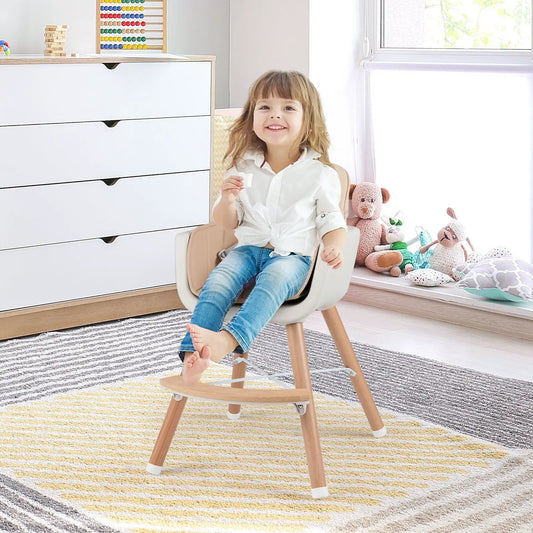 DirectDeals 6-in-1 Convertible Wooden Highchair with Harness, light wood frame and beige cushion on Tampa Home & Garden Store