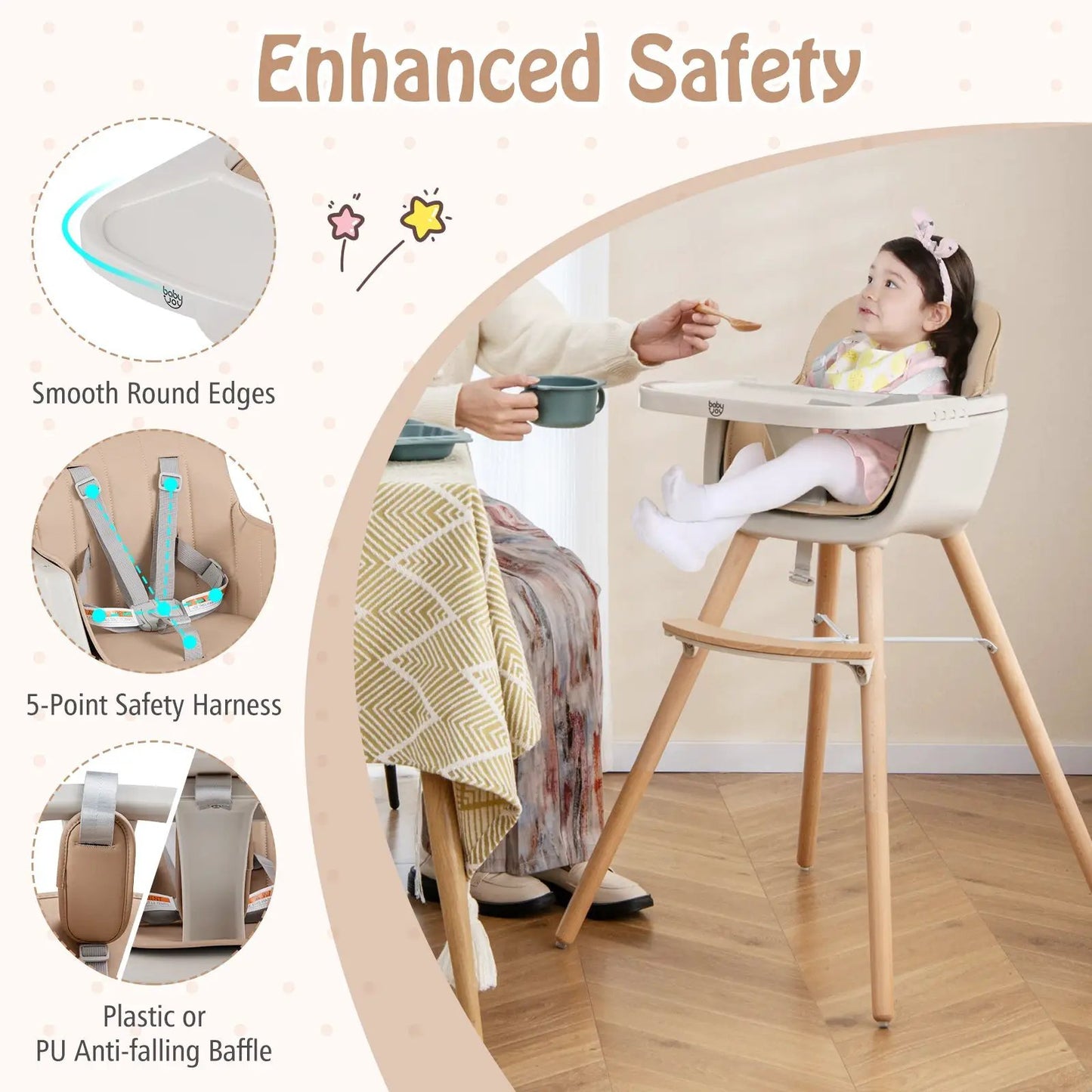6 In 1 Convertible Wooden Highchair with Harness, beige seat and natural wood legs on Tampa Home & Garden Store