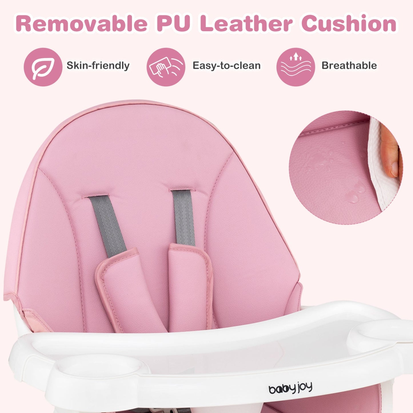 6-in-1 Convertible High Chair for Babies 6-36 Months pink PU leather cushion Babyjoy tray on Tampa Home & Garden Store