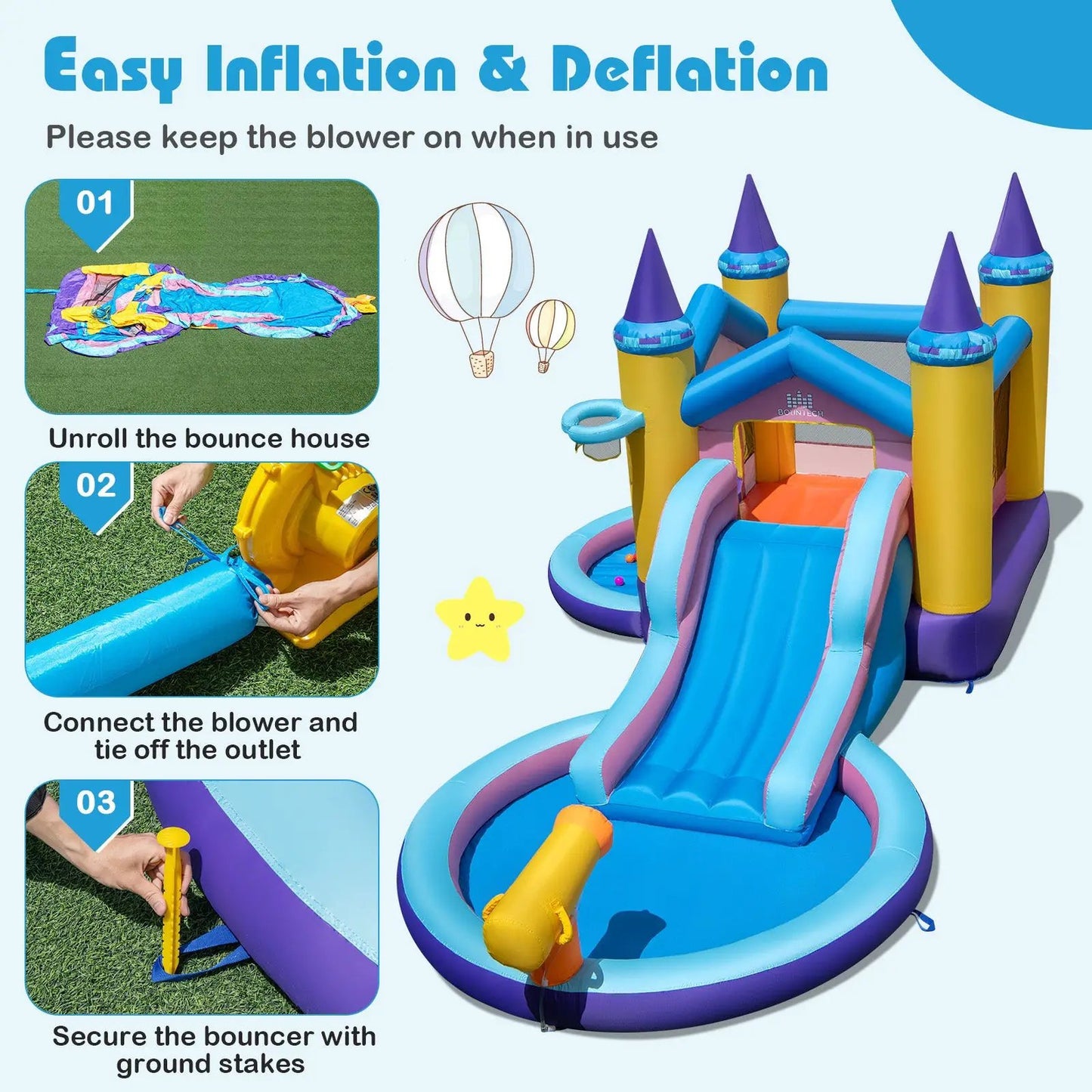 Six-in-One Inflatable Kids Water Park for Yard with blue slide, purple-topped towers, yellow pillars on Tampa Home & Garden Store
