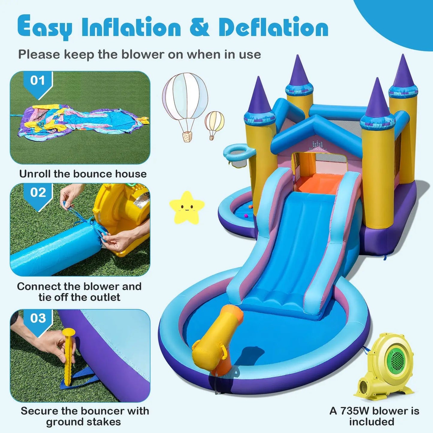 6-in-1 Inflatable Kids Water Park with Blower DirectDeals blue yellow purple castle with slide on Tampa Home & Garden Store
