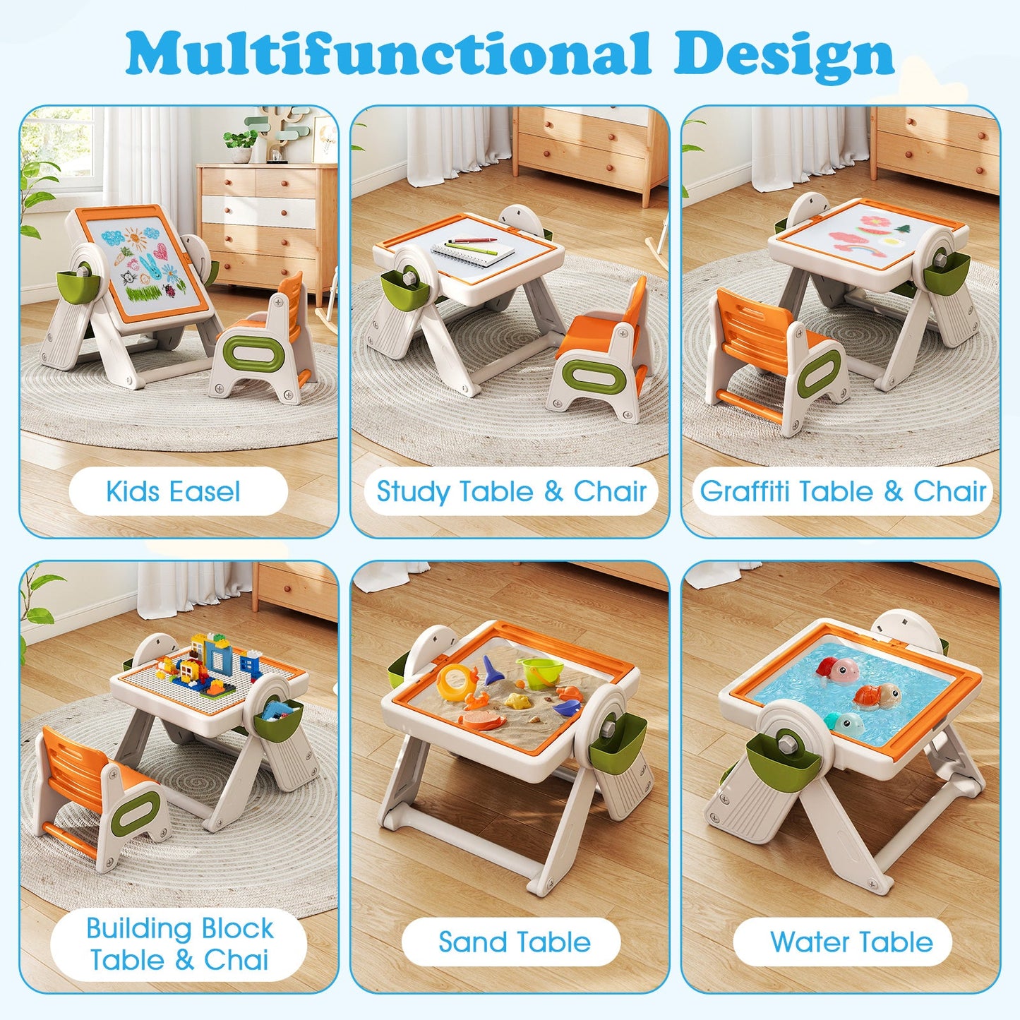 6-in-1 kids activity table and chair set by DirectDeals with orange trim and white-green frame on Tampa Home & Garden Store