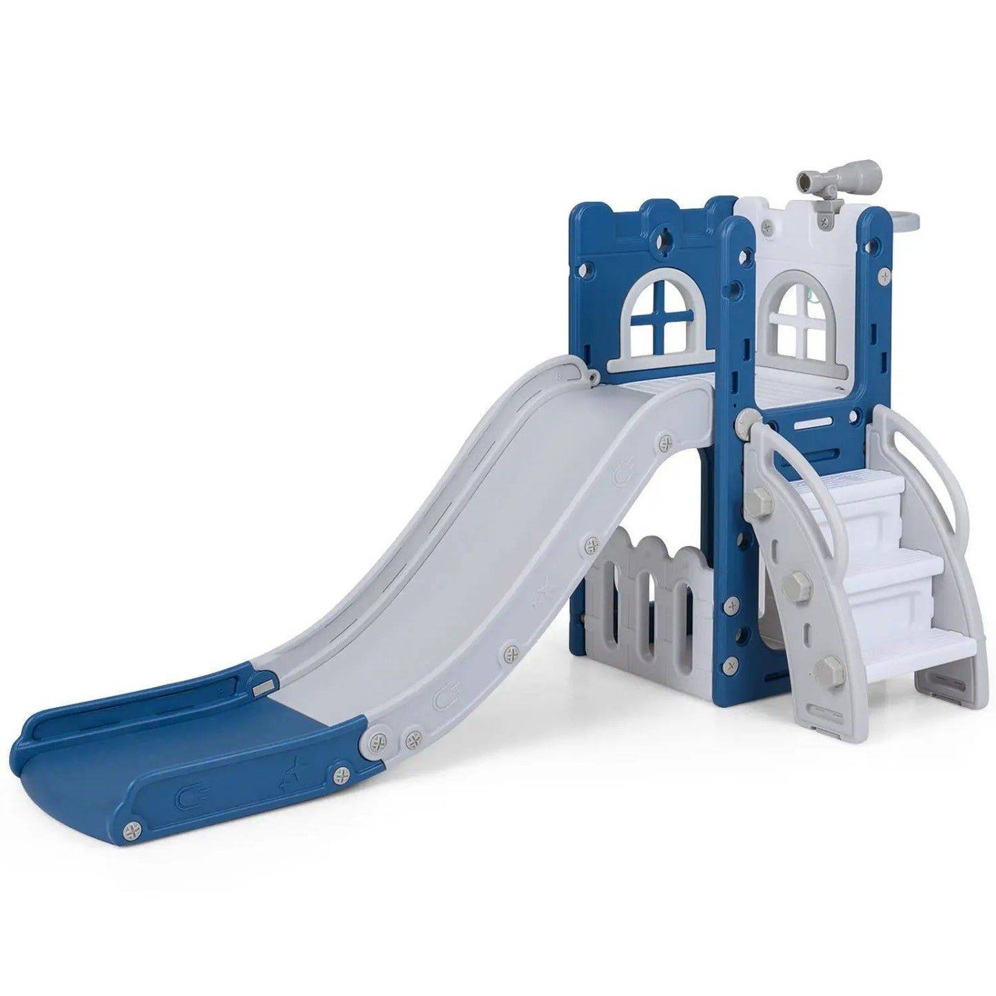 6-in-1 Toddler Slide L-Shaped Playground Hoop DirectDeals blue gray plastic playset with slide on Tampa Home & Garden Store