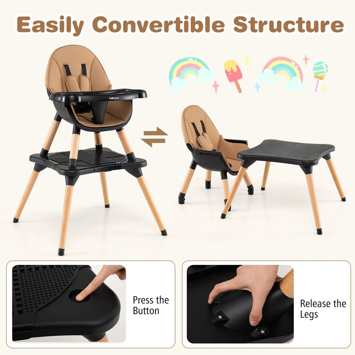 5-in-1 Baby Wooden Convertible High Chair babyjoy beige seat, black frame converts to table chair on Tampa Home & Garden Store