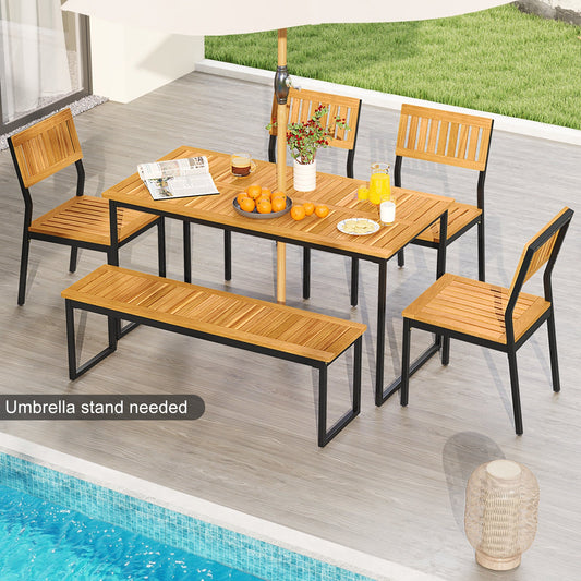 6 Pieces Outdoor Acacia Wood Dining Set with Bench and 2 Inches Umbrella Hole - Tampa Home & Garden Store