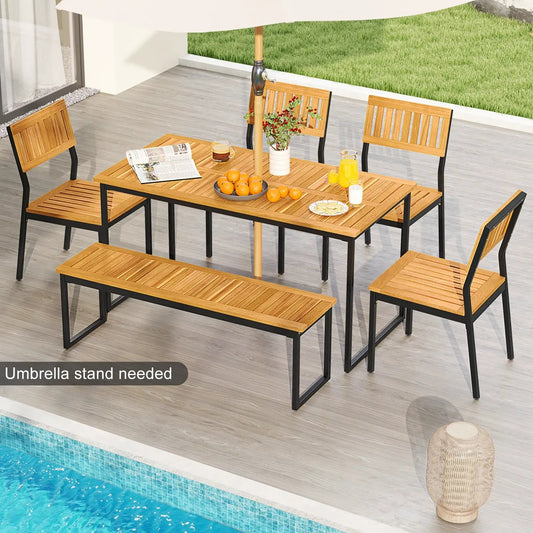 Outdoor Acacia Wood Dining Set With Bench and Chairs, natural wood slats, black metal frames, umbrella stand on Tampa Home & Garden Store