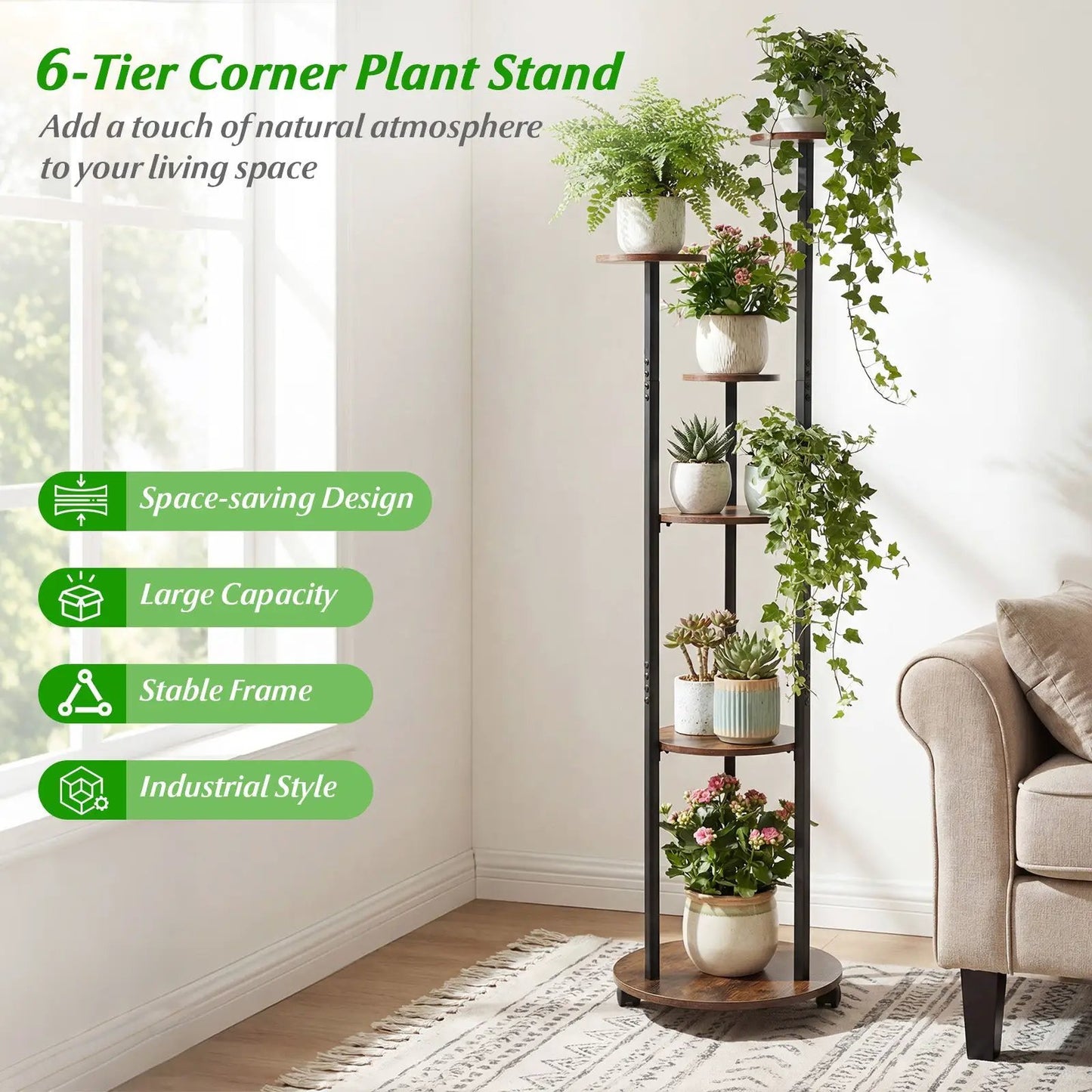 Six-Tier Corner Plant Stand RGB Light and Wheels, black metal frame with wood shelves on Tampa Home & Garden Store