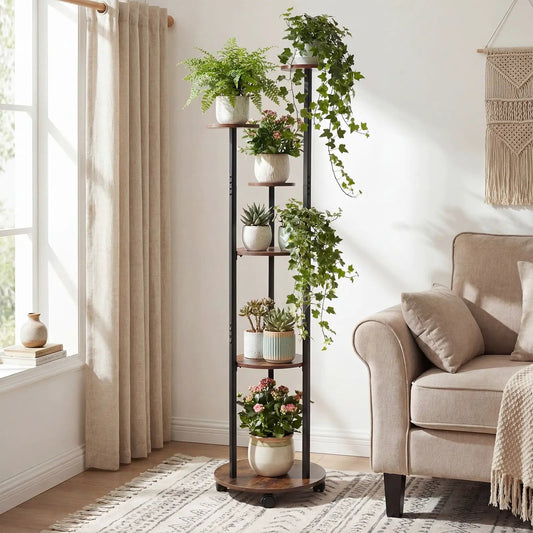Six Tier Plant Stand RGB Light and Wheels, black metal frame with wood round shelves and plants on Tampa Home & Garden Store